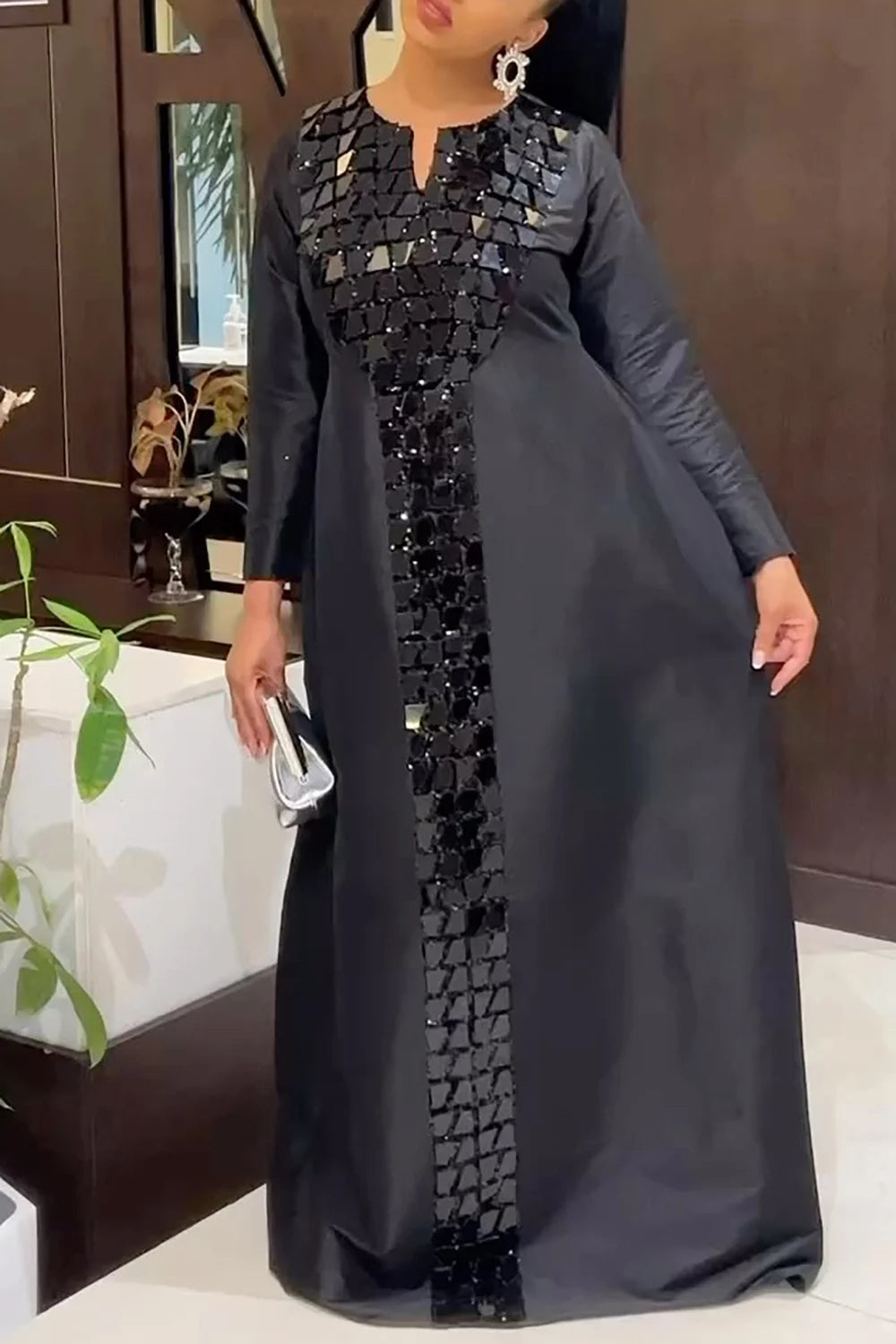 Plus Size Semi Formal Dress Black Satin Sequin Long Sleeve Maxi Dress 2025 Womens