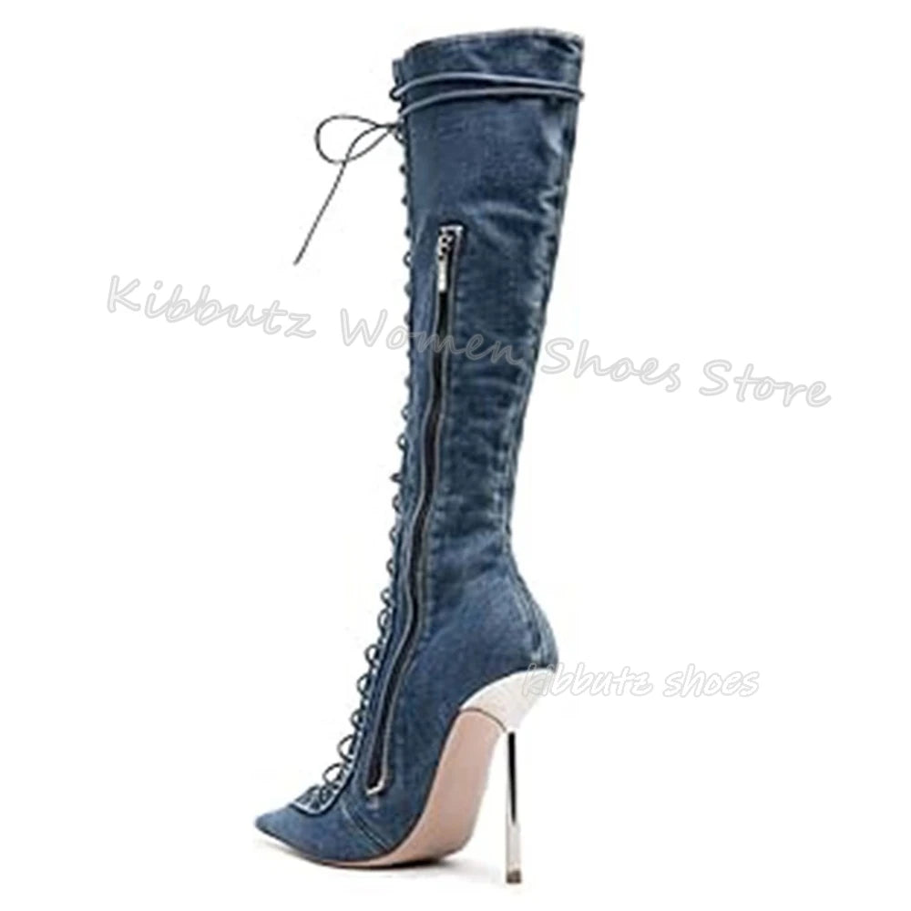 Lace-Up Hollow Knee High Boots Luxury Leather Solid Color Elegant Concise Fashion Sexy Pointed Toe Metal Thin Heels Women Shoes