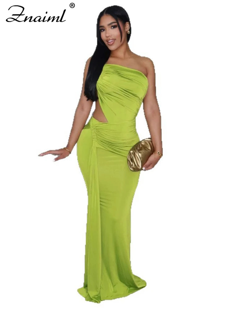 Znaiml Women Hollow Out One Shoulder Sleeveless Bodycon Birthday Long Dress Green Irregular Ruched Sexy Evening Gown Vestidos