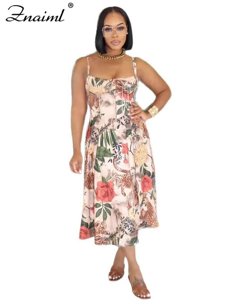 Znaiml Elegant Beach Floral Print A-Line Long Dress Summer Women Sleeveless Off Shoulder Strap Party Vacation Sexy Birthday Robe