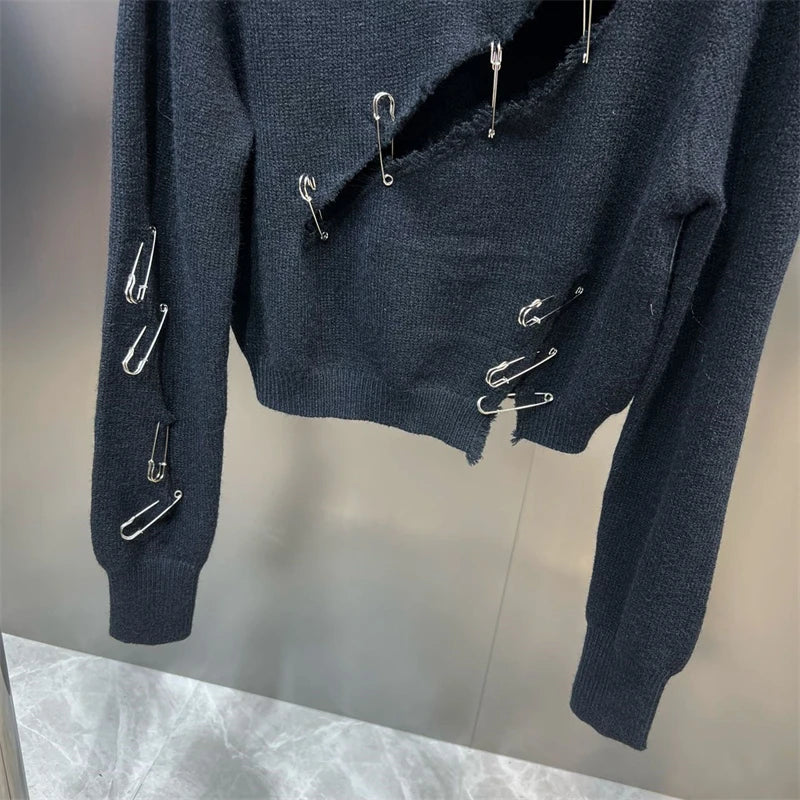 Women Black Gothic O-Neck Pullover Hollow Out Knit Sweater Harajuku Y2k Long Sleeves Sweater Vintage 90s 2000s Aesthetic Clothes