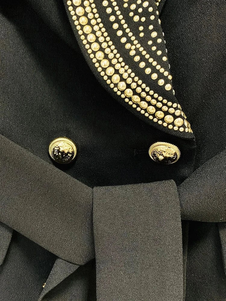 HIGH STREET Newest 2024 Stylish Designer Jacket Women's Metal Sheets Beading Belted Shawl Collar Blazer
