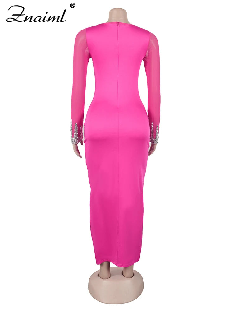 Znaiml Luxury Rhinestones Mesh Patchwork O-neck Pink Dress Women Sleeve Long High Split Birthday Party Evening Night Club Robe
