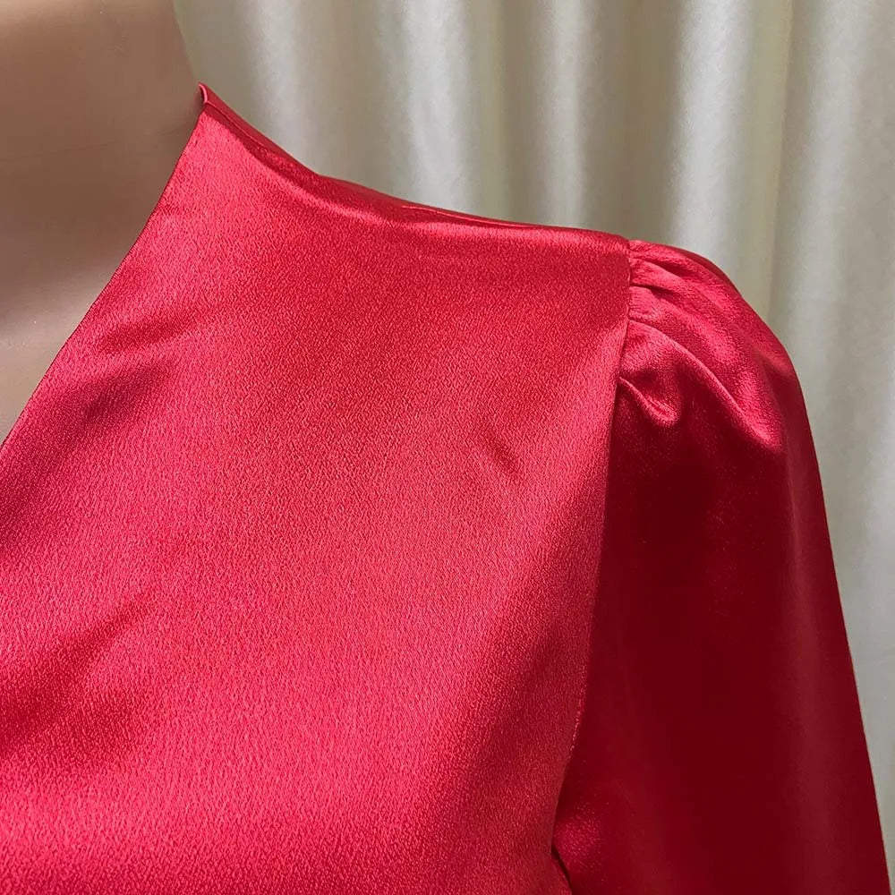 Office Blouse for Women Elegant Stylish V Neck Full Sleeve Front Split Solid Satin Luxury African Party Dinner Occasion Shirts