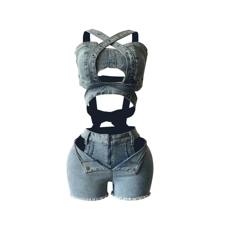 CM.YAYA Sexy Holiday Denim Women's Set Halter Neck Crop Tops and Ripped Out Shorts Jeans 2025 Summer Two 2 Piece Sets Outfit
