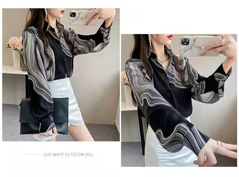 Shirt Women's Design Sense Niche Long-Sleeved Blousers 2025 Spring And Autumn Korean Retro Buttton Chiffon Shirt Top Printed 102