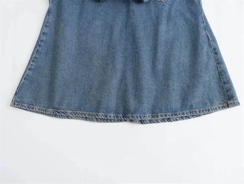 Joskaa Fashion Blue Denim Dress Women Hipster Lapel Zipper Pocket Full Sleeve Loose Mini Dresses 2025 Spring Vintage Streetwear