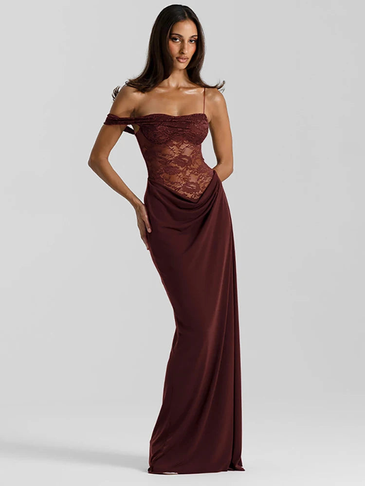 One Shoulder Lace Backless Maxi Dress