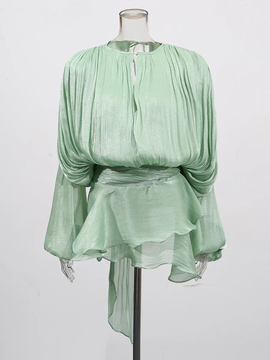 TWOTWINSTYLE Loose Solid Dresses For Women Round Neck Lantern Sleeve High Waist Spliced Fold Mini Chic Dress Female Fashion 2025