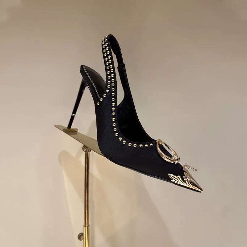 Design Women High Heel Metal Toe Embroidered High Heel Shoes Sexy Lady High Heel Gold Pointed Metal Toe Slingback Stilettos