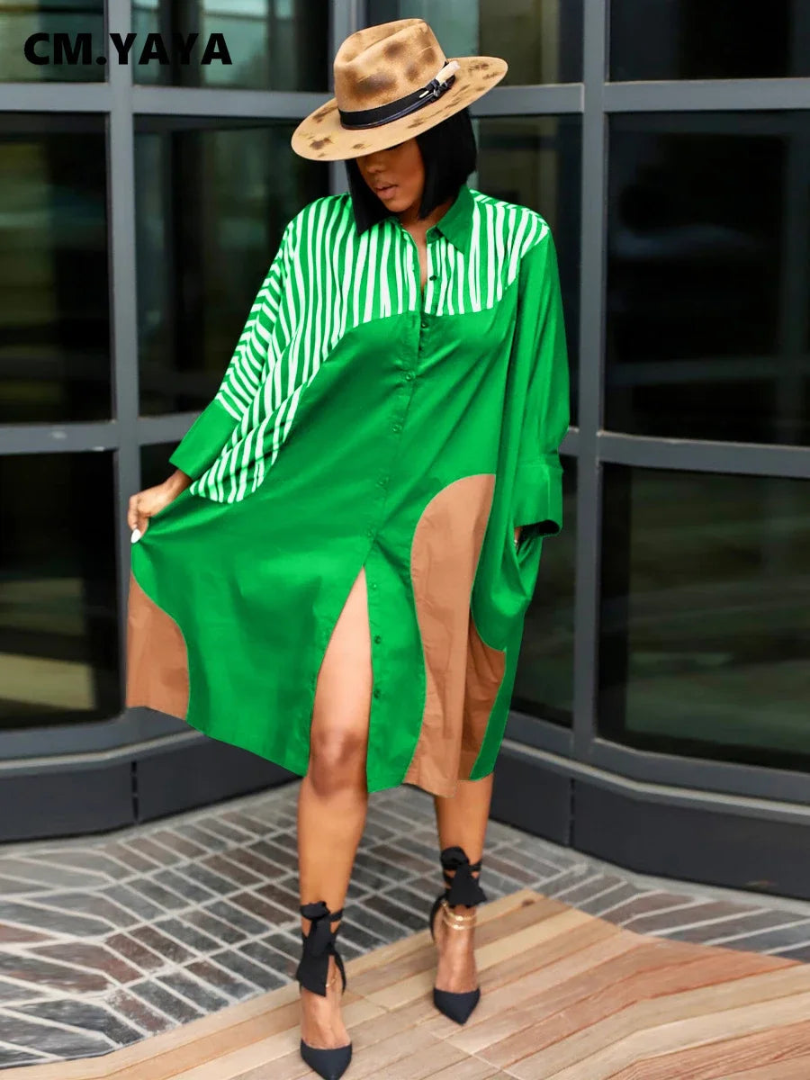 CM.YAYA Elegant Patchwork Women Long Sleeve Single Breasted Loose Shirt Dress Street Fashion Slim Striped Smock INS Dresses