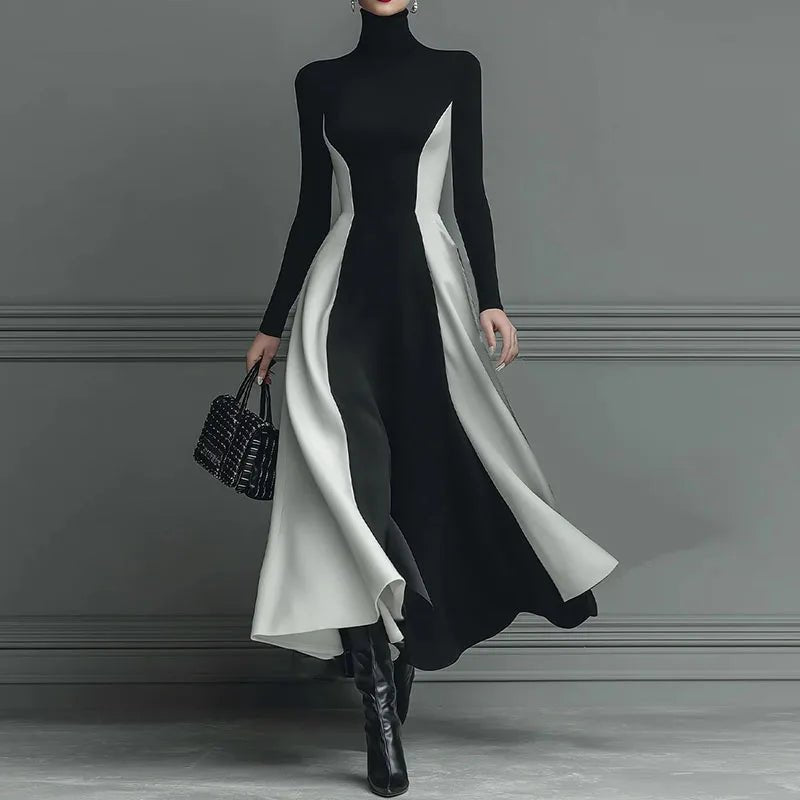 A - Line Dress - Contrast High Waist With Long Sleeves And Soft Polyester - Elegant Party Style - SN Wigs & More