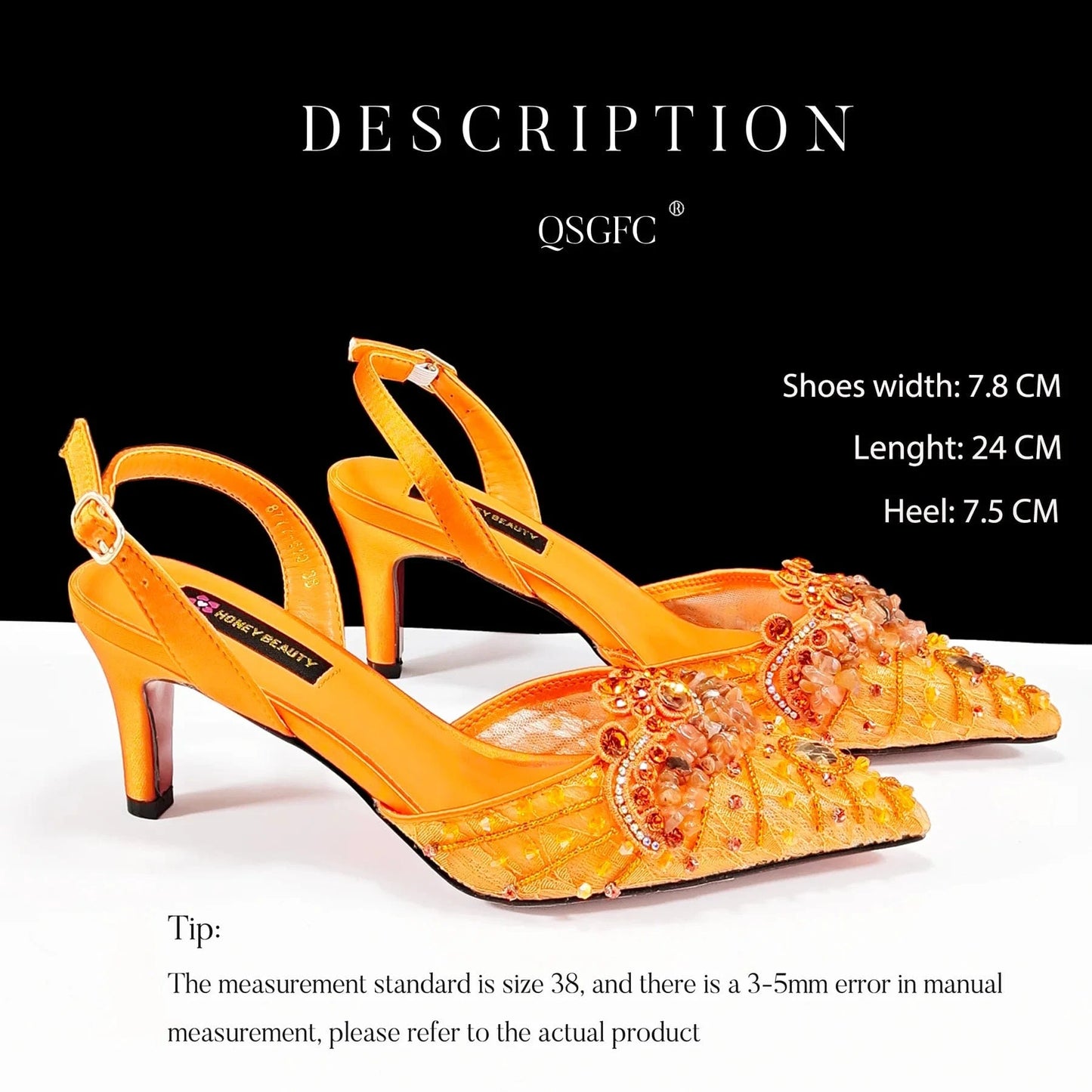 A PAIR SHOES ORANGE / 42 / CHINA QSGFC Italian Design Rhinestones and Coral Stones Ladies Party Shoes High Heels Pointed Toe Coffee Color Women's Shoes