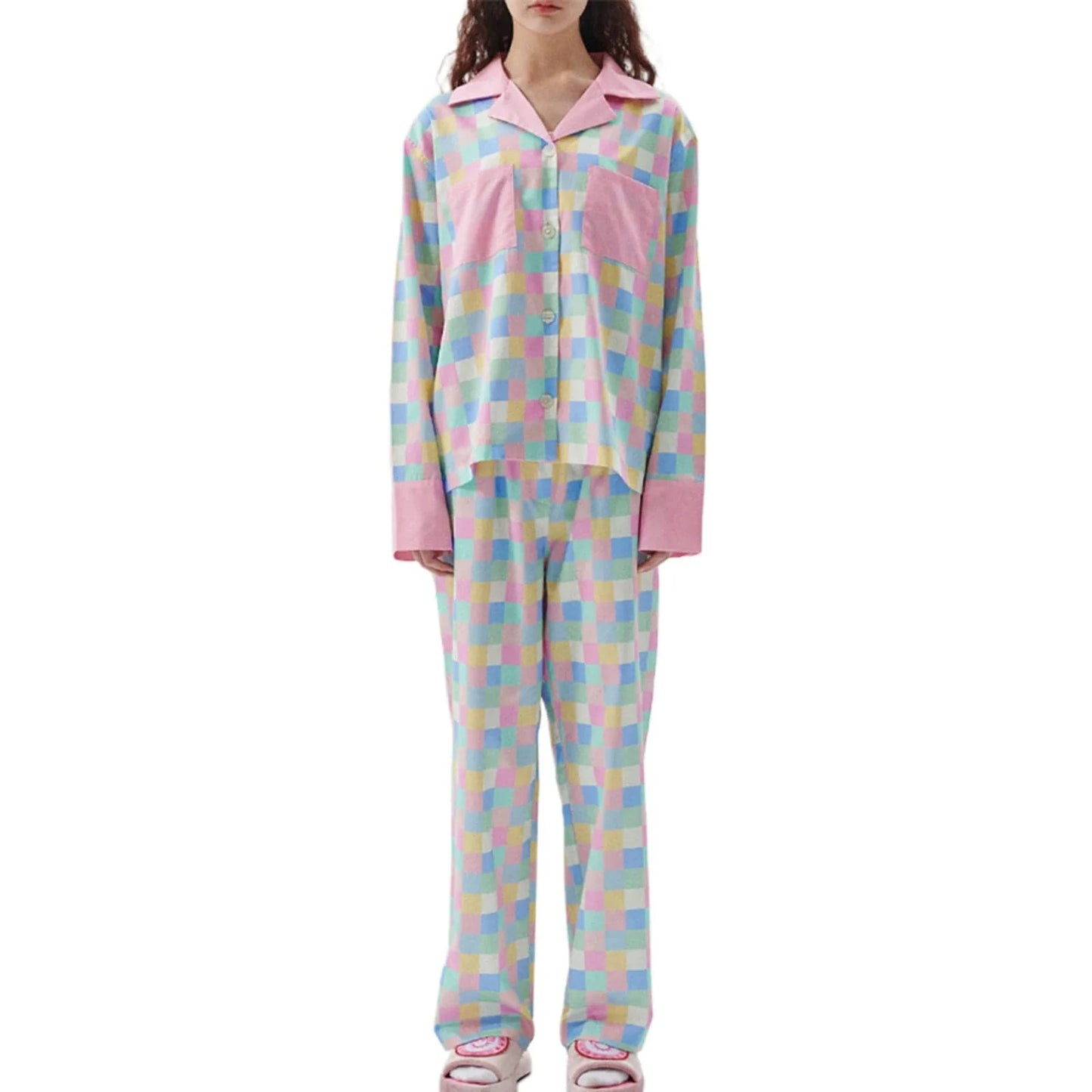 A / S Women 2 Piece Pajamas Set Colorful Plaid Print Long Sleeve Button up Shirt and Elastic Pants for Loungewear Soft Sleepwear Pjs