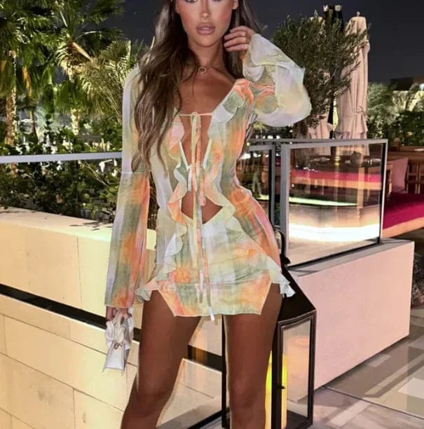 A / S Women Mini Dress Long Sleeve Lacing Tie-dye Print Patchwork Slit Bodycon Dress for Club Party