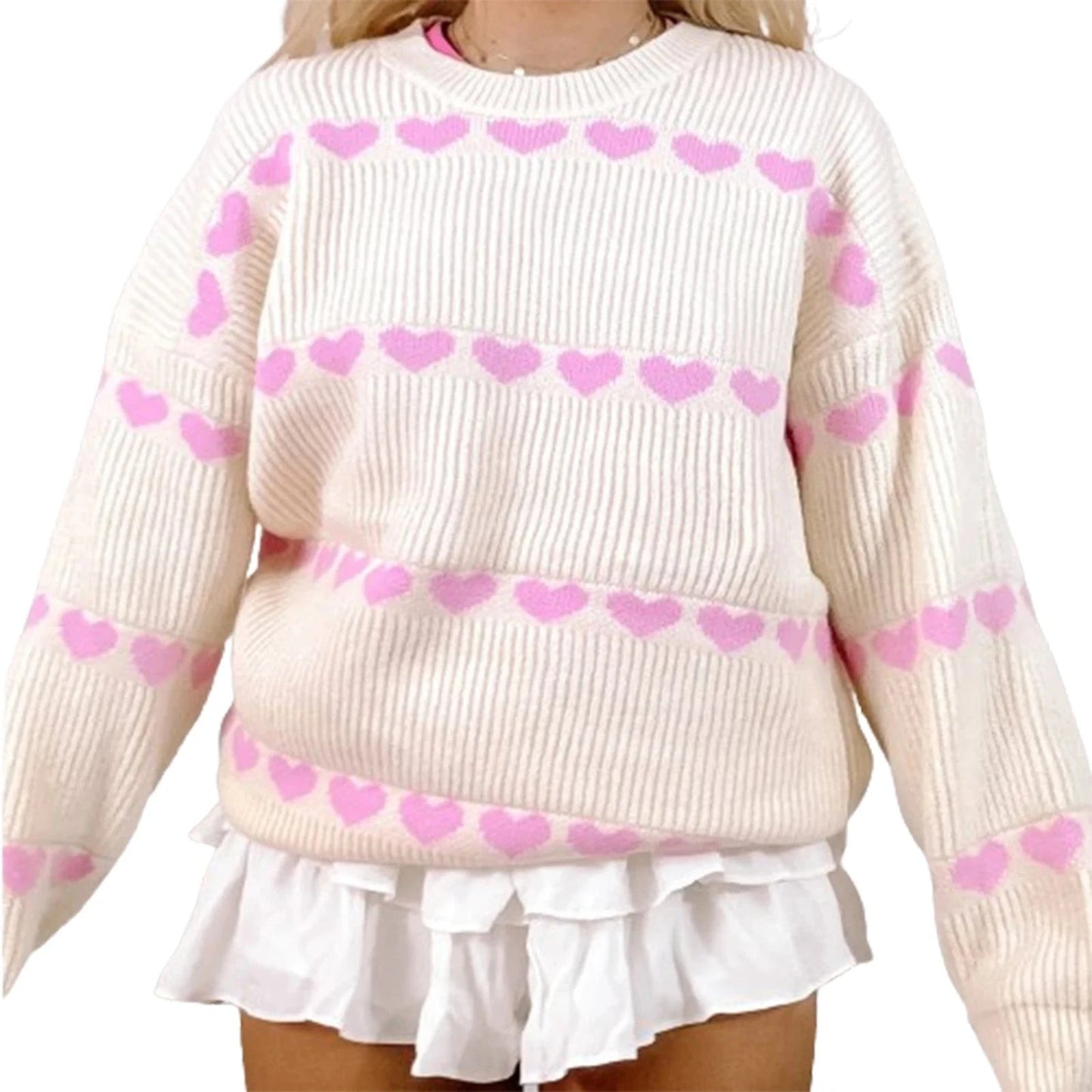 A / S Women Valentine's Day Knit Sweater Heart Print Long Sleeve Round Neck Pullovers Fall Winter Casual Loose Knitted Jumpers Tops