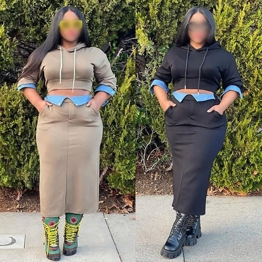 A31202 Denim Patchwork Women's Set Long Sleeve Hooded Sweatshirt And Bodycon Maxi Skirts Suit 2024 Two 2 Piece Set Outfit