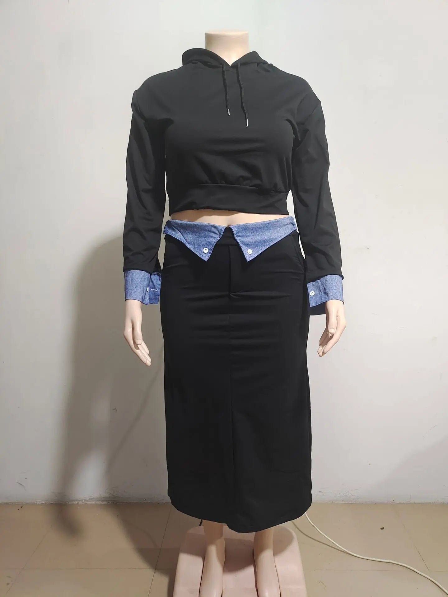A31202 Denim Patchwork Women's Set Long Sleeve Hooded Sweatshirt And Bodycon Maxi Skirts Suit 2024 Two 2 Piece Set Outfit