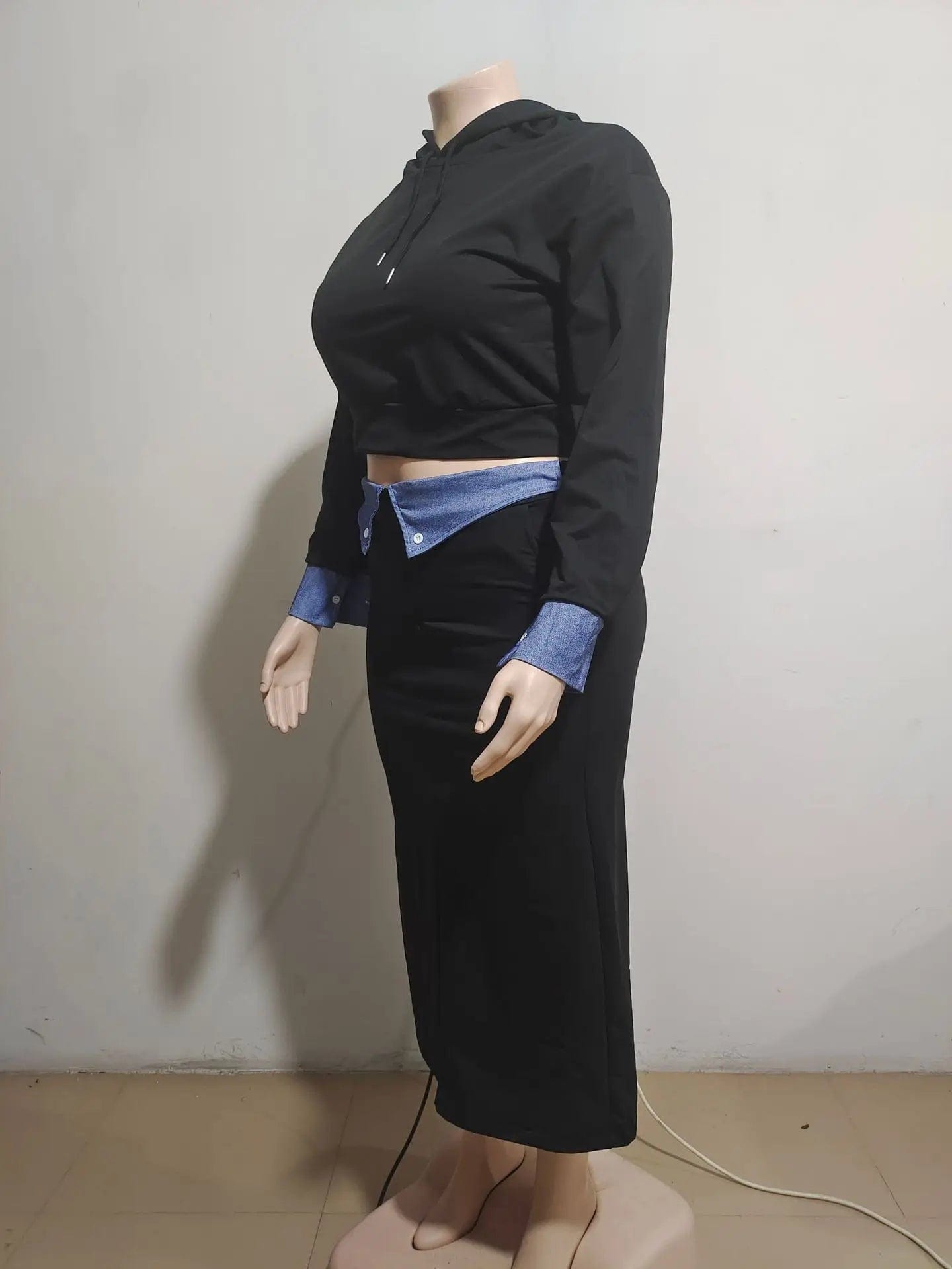 A31202 Denim Patchwork Women's Set Long Sleeve Hooded Sweatshirt And Bodycon Maxi Skirts Suit 2024 Two 2 Piece Set Outfit