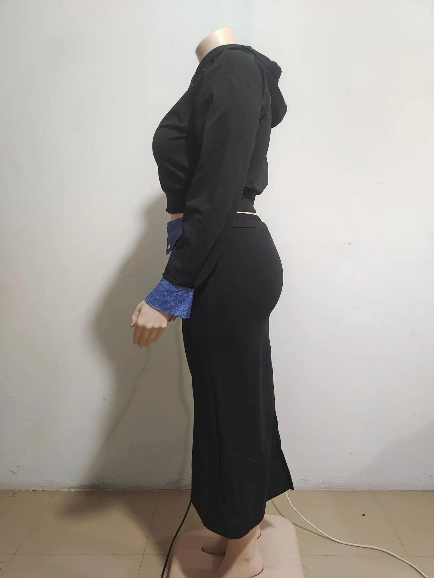 A31202 Denim Patchwork Women's Set Long Sleeve Hooded Sweatshirt And Bodycon Maxi Skirts Suit 2024 Two 2 Piece Set Outfit