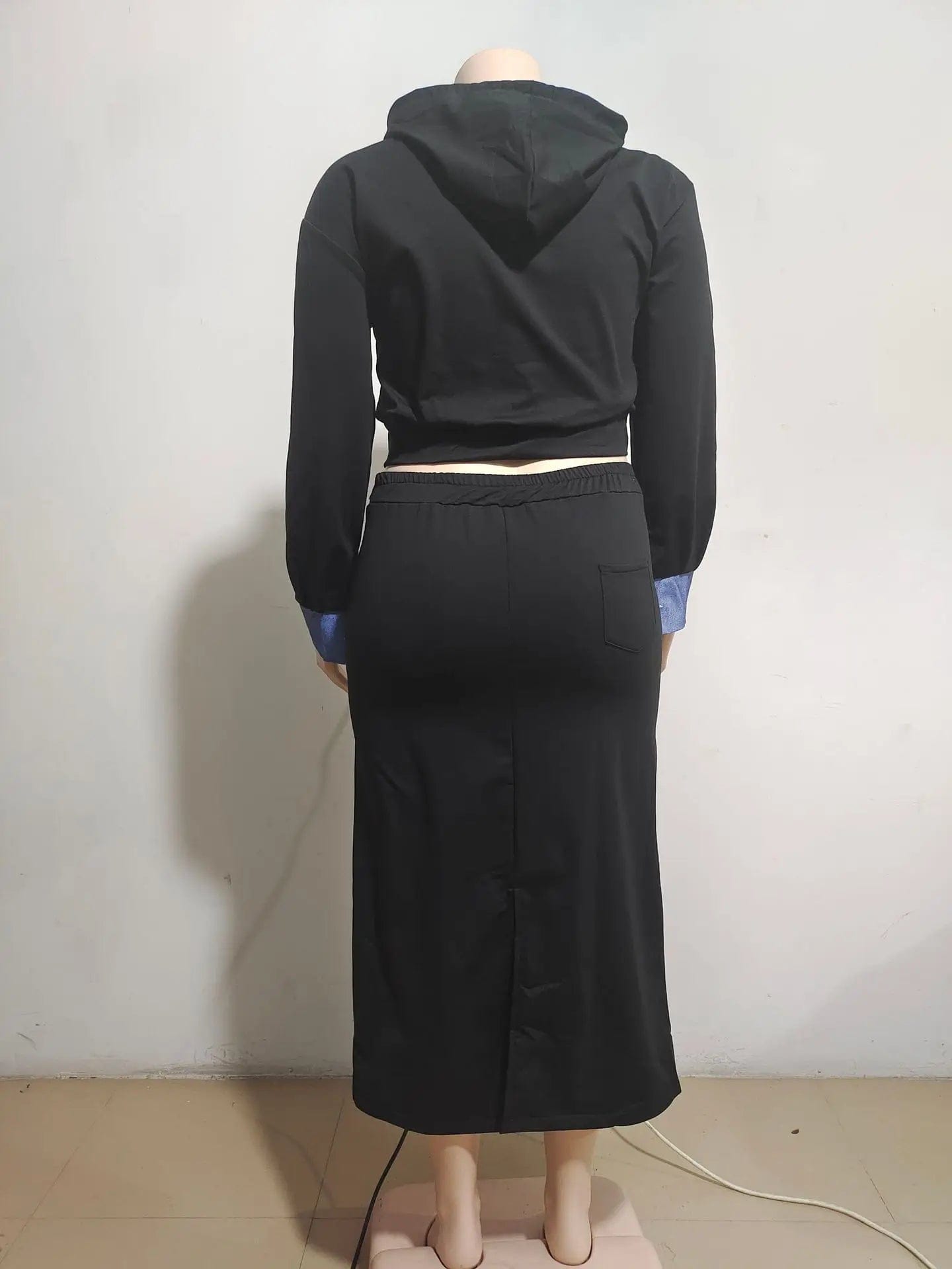 A31202 Denim Patchwork Women's Set Long Sleeve Hooded Sweatshirt And Bodycon Maxi Skirts Suit 2024 Two 2 Piece Set Outfit