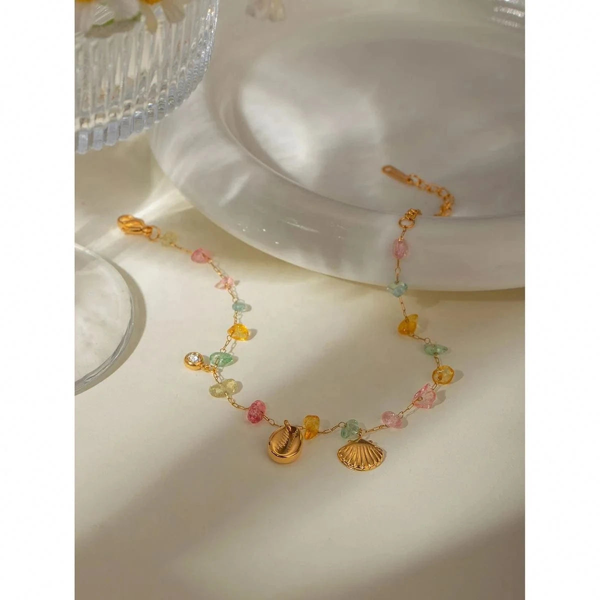 A334 18K Gold Plated Stainless Steel Stone Shell Fan Pendant Anklet, 20+5cm