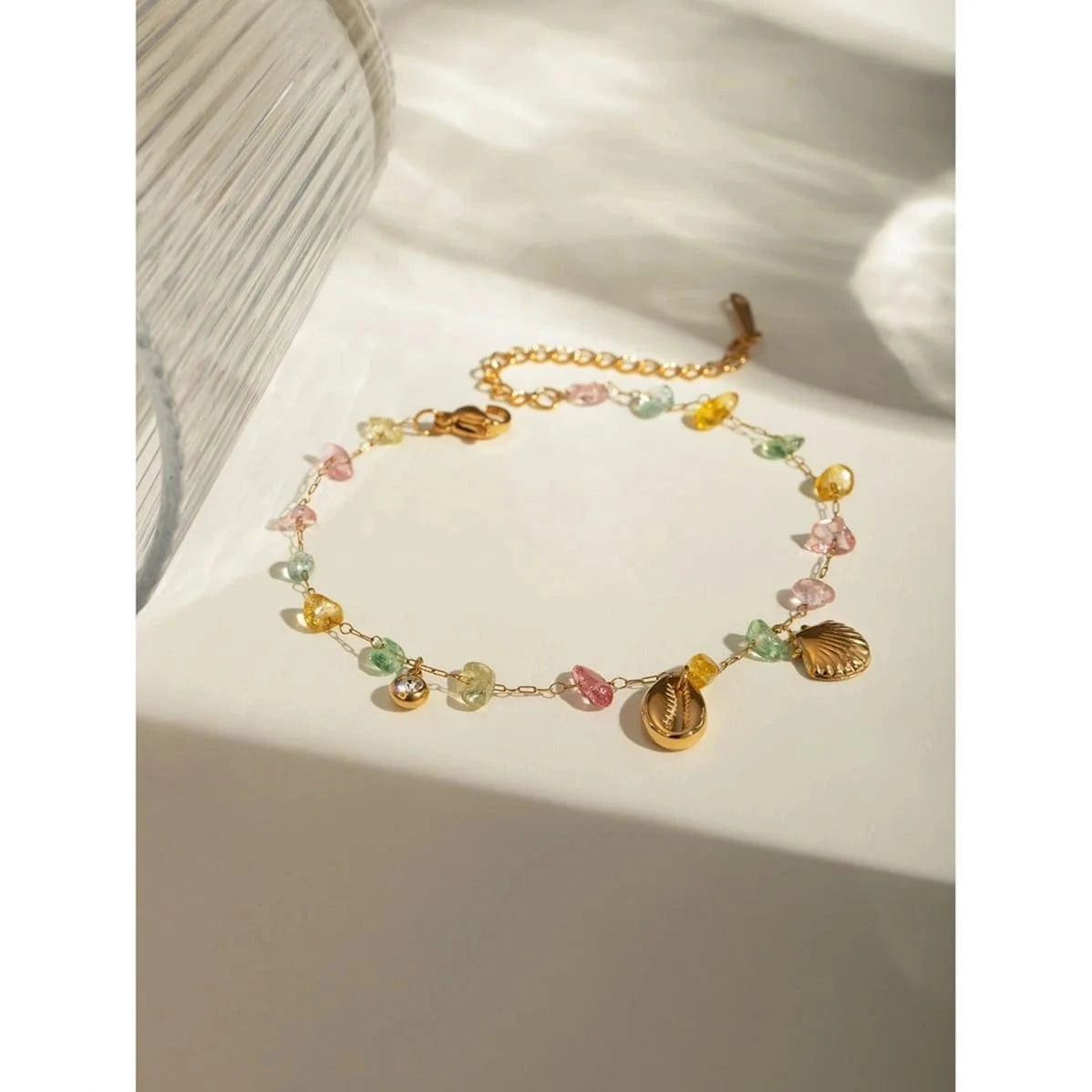 A334 18K Gold Plated Stainless Steel Stone Shell Fan Pendant Anklet, 20+5cm