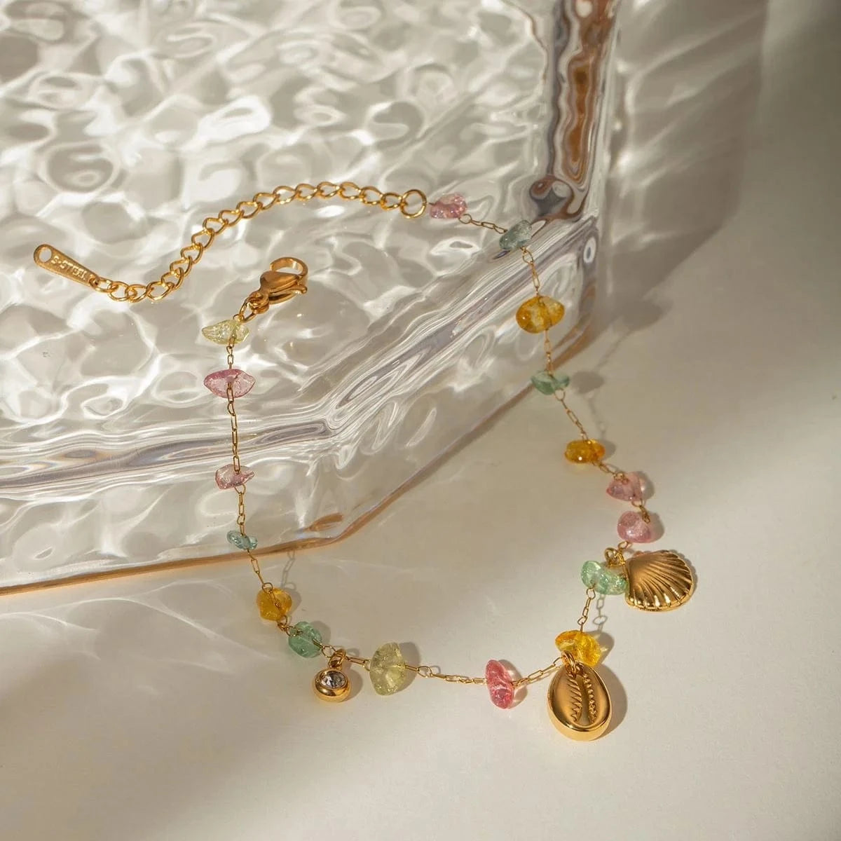 A334 18K Gold Plated Stainless Steel Stone Shell Fan Pendant Anklet, 20+5cm
