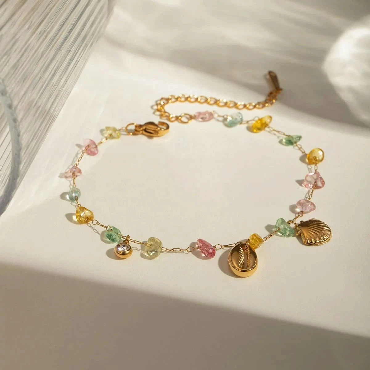 A334 18K Gold Plated Stainless Steel Stone Shell Fan Pendant Anklet, 20+5cm