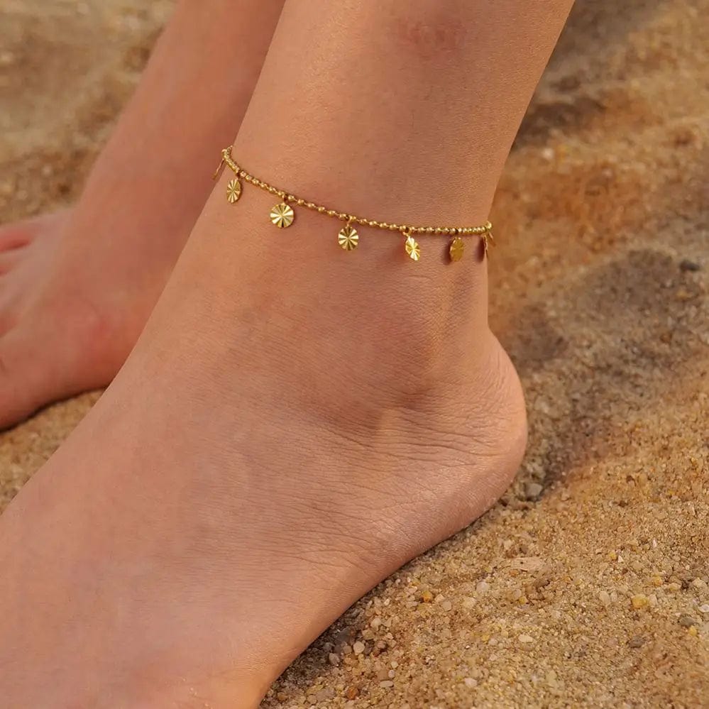 A353 18K Gold Plated Stainless Steel Foot Jewelry For Women Bead Chain Petal Disc Pendant Anklet