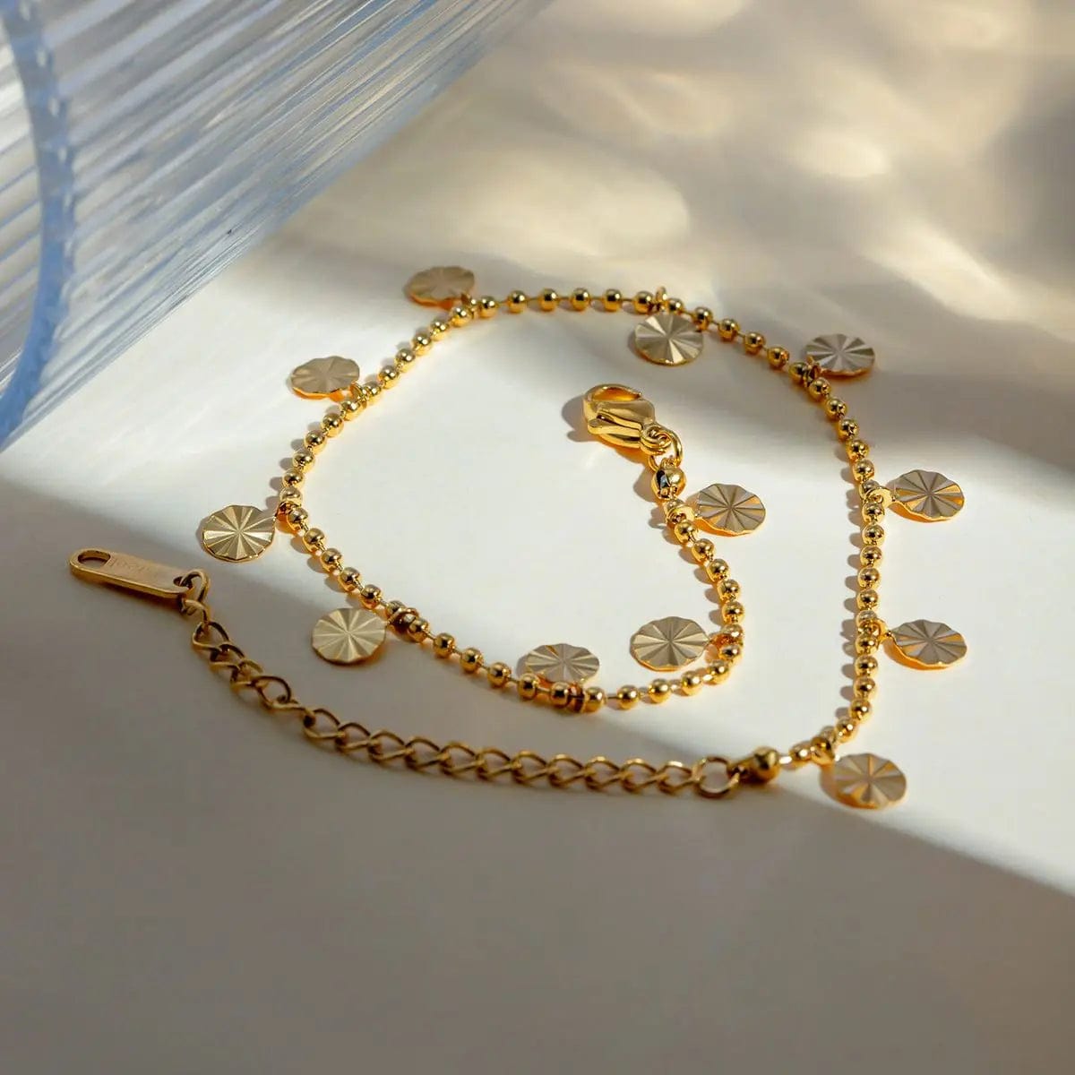 A353 18K Gold Plated Stainless Steel Foot Jewelry For Women Bead Chain Petal Disc Pendant Anklet