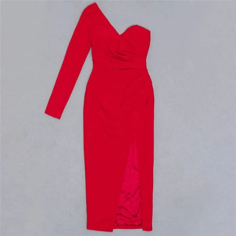 A4659 2024 New Arrivals Red One Shoulder Slit Dresses Women Lady Elegant 2024