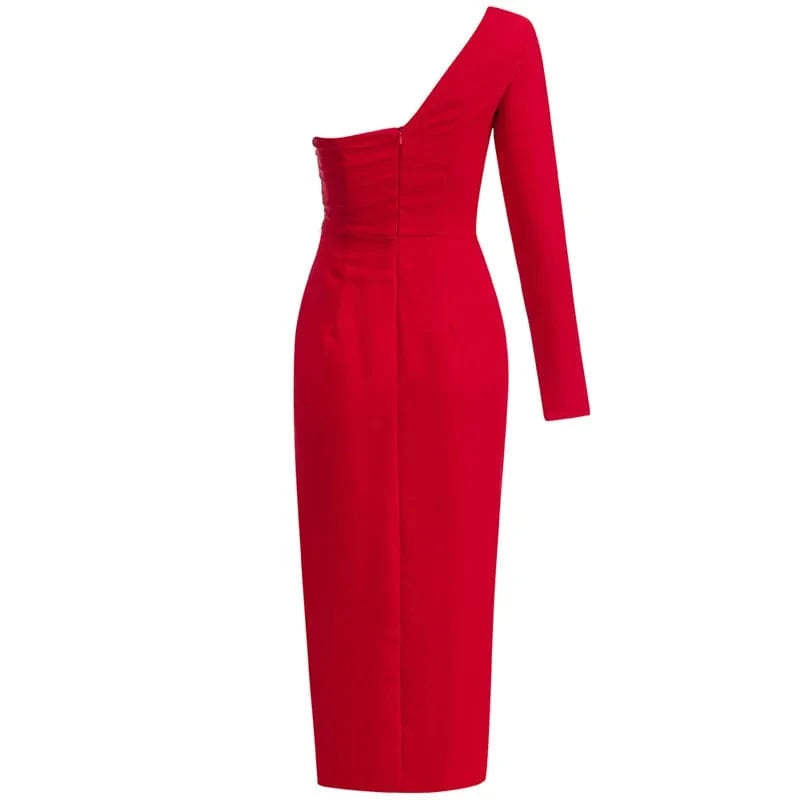 A4659 2024 New Arrivals Red One Shoulder Slit Dresses Women Lady Elegant 2024