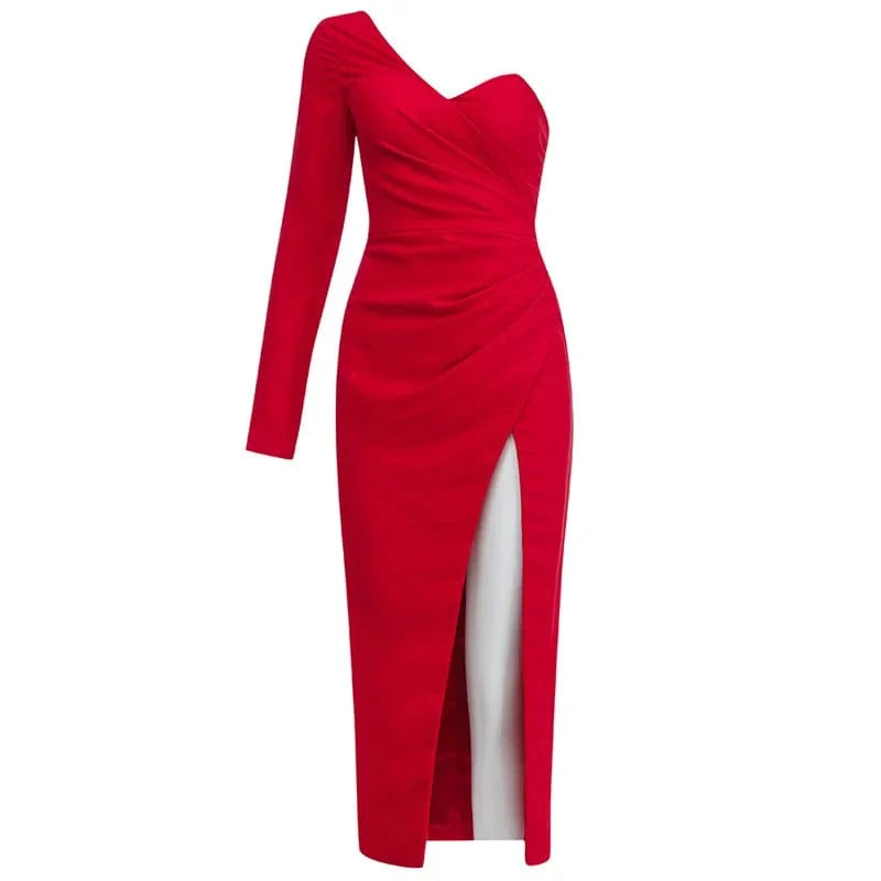 A4659 2024 New Arrivals Red One Shoulder Slit Dresses Women Lady Elegant 2024