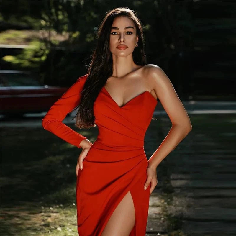 A4659 2024 New Arrivals Red One Shoulder Slit Dresses Women Lady Elegant 2024