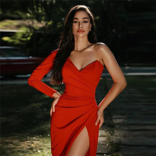 A4659 2024 New Arrivals Red One Shoulder Slit Dresses Women Lady Elegant 2024