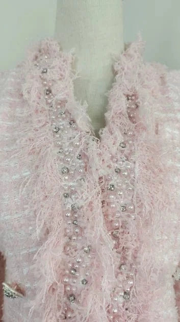 A5825 Droppshiping Pink Plus size Tweed Jacket Long Sleeves Beaded Women Winter Coat