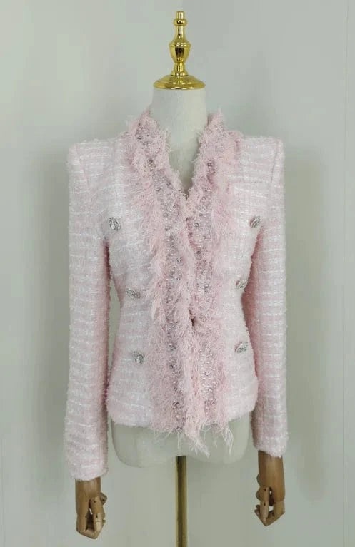 A5825 Droppshiping Pink Plus size Tweed Jacket Long Sleeves Beaded Women Winter Coat