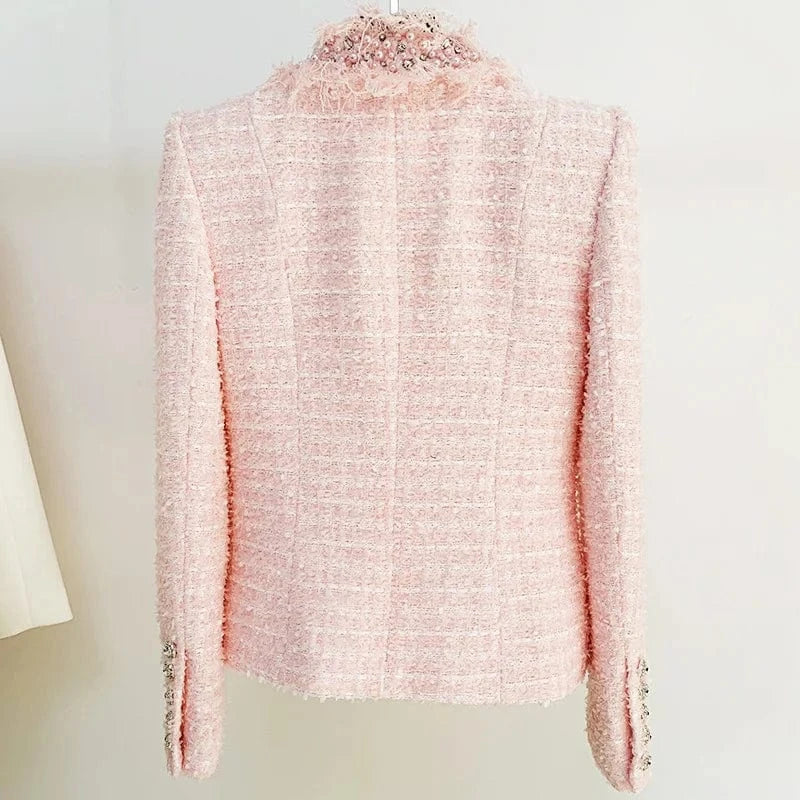 A5825 Droppshiping Pink Plus size Tweed Jacket Long Sleeves Beaded Women Winter Coat