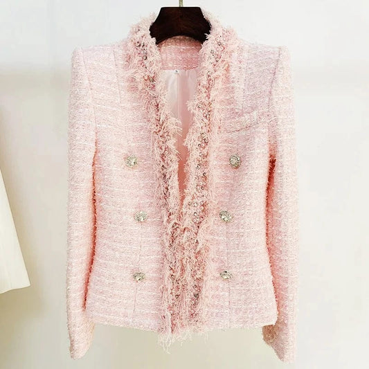 A5825 Droppshiping Pink Plus size Tweed Jacket Long Sleeves Beaded Women Winter Coat