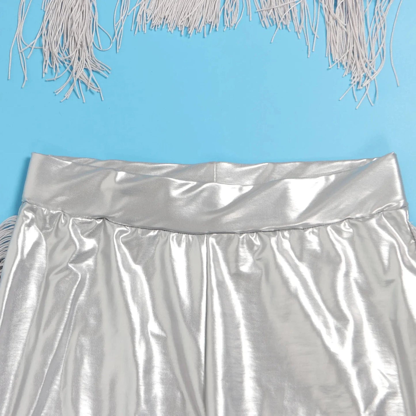 A7347 2024 New Tassels Patchwork Stretchy Leather 2 Piece Set Women Sexy Wrap Chest Tank Tops And Tight Pants Matching Set