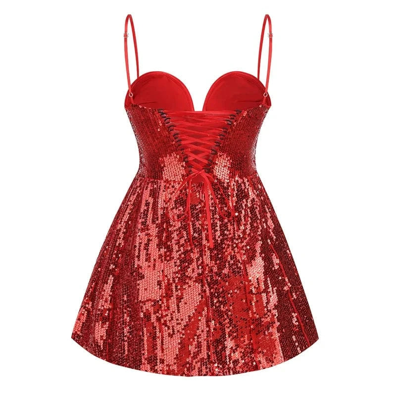 A9214 Elegant Style Spaghetti Strap Women Mini Dress Red Sequined Ladies Christmas Party Dress