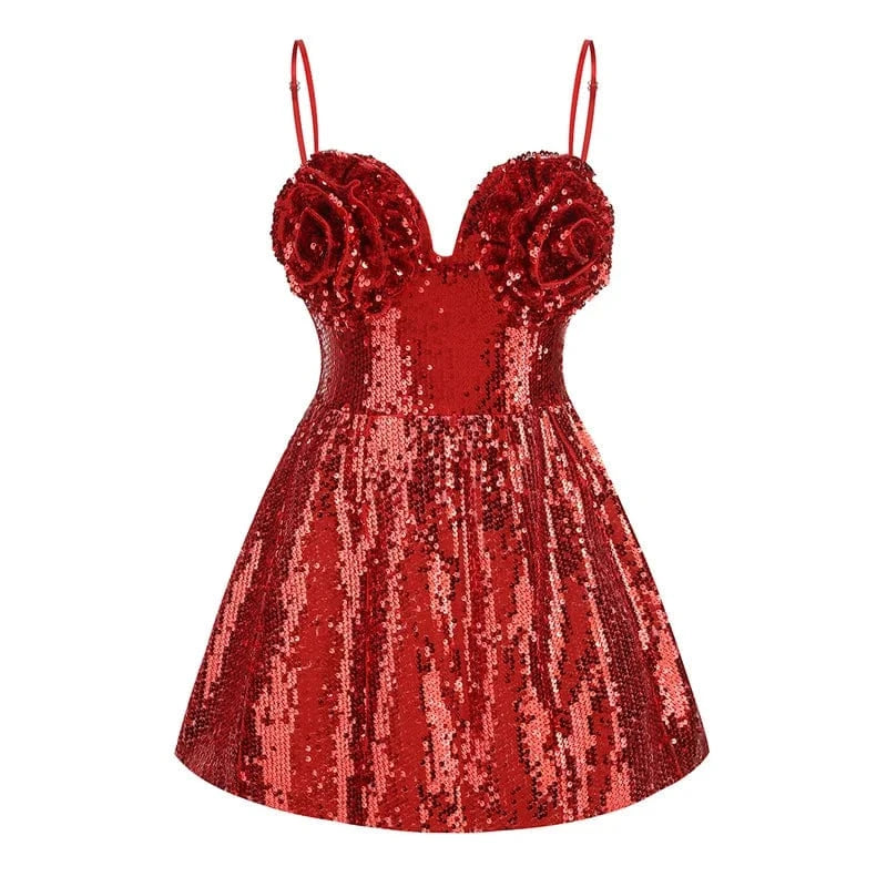 A9214 Elegant Style Spaghetti Strap Women Mini Dress Red Sequined Ladies Christmas Party Dress