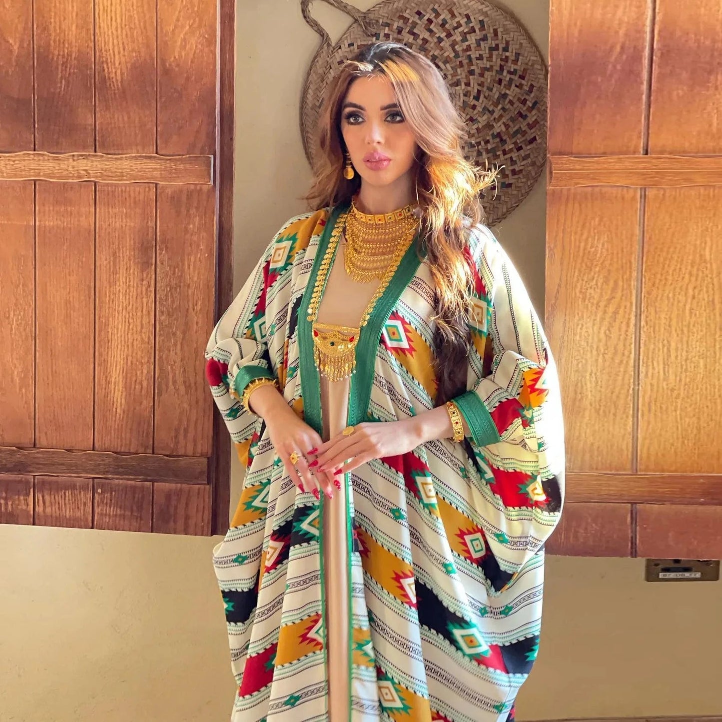 AB198 Traditional Muslim Clothing Middle East Stripe Bat Sleeve Muslim Vest Cardigan Two piece Abaya Set Muslim women Dress