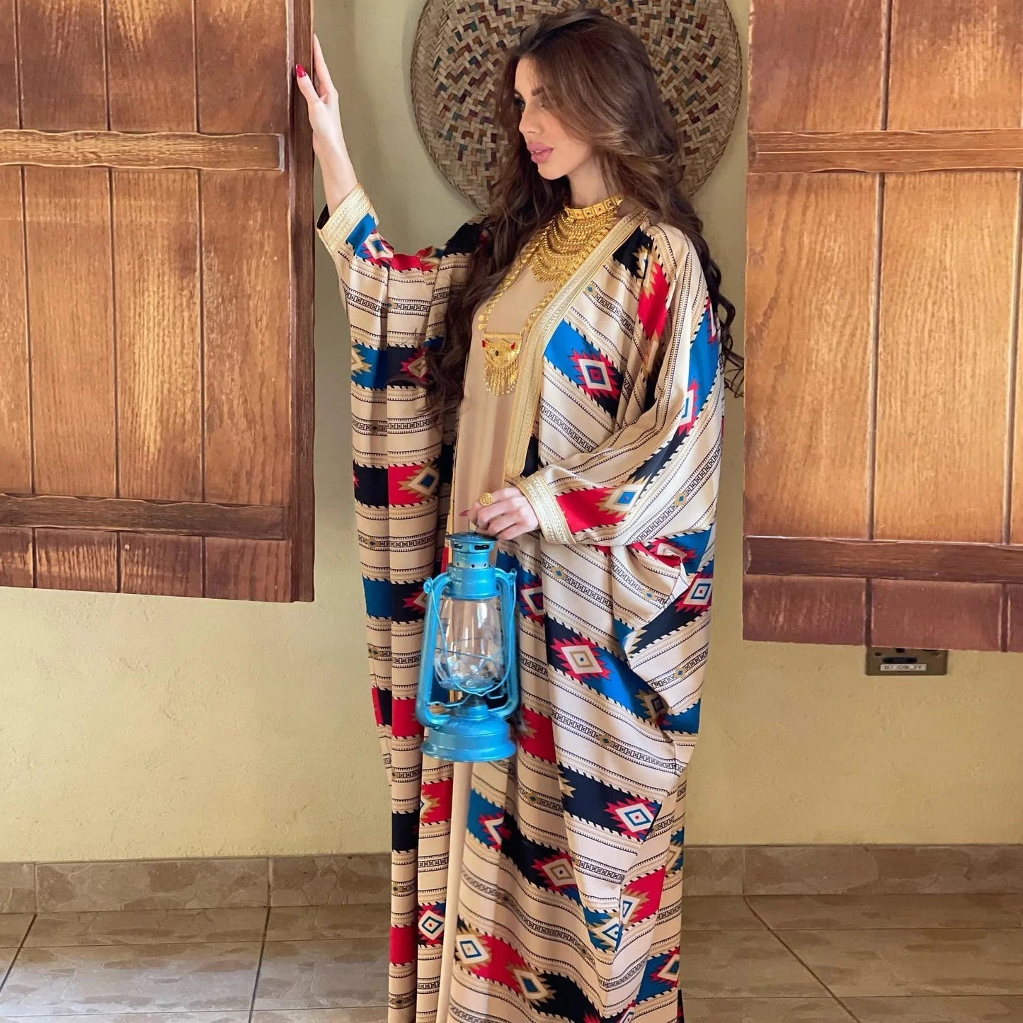 AB198 Traditional Muslim Clothing Middle East Stripe Bat Sleeve Muslim Vest Cardigan Two piece Abaya Set Muslim women Dress