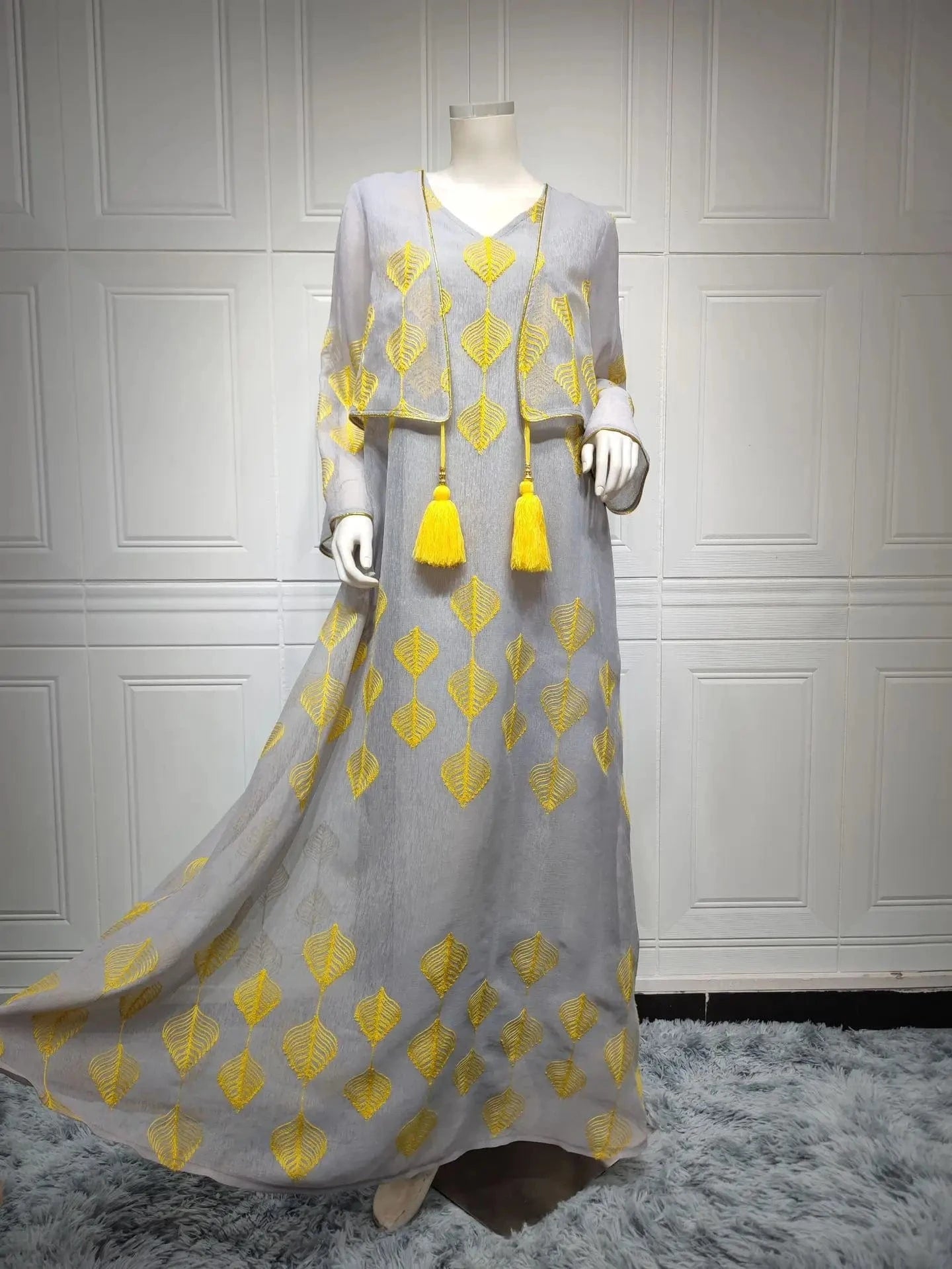 AB248 High Quality False Two piece Dress Tassel Splicing Mesh Robe De Soiree Middle East Muslim Dress For Women Moroccan Dress