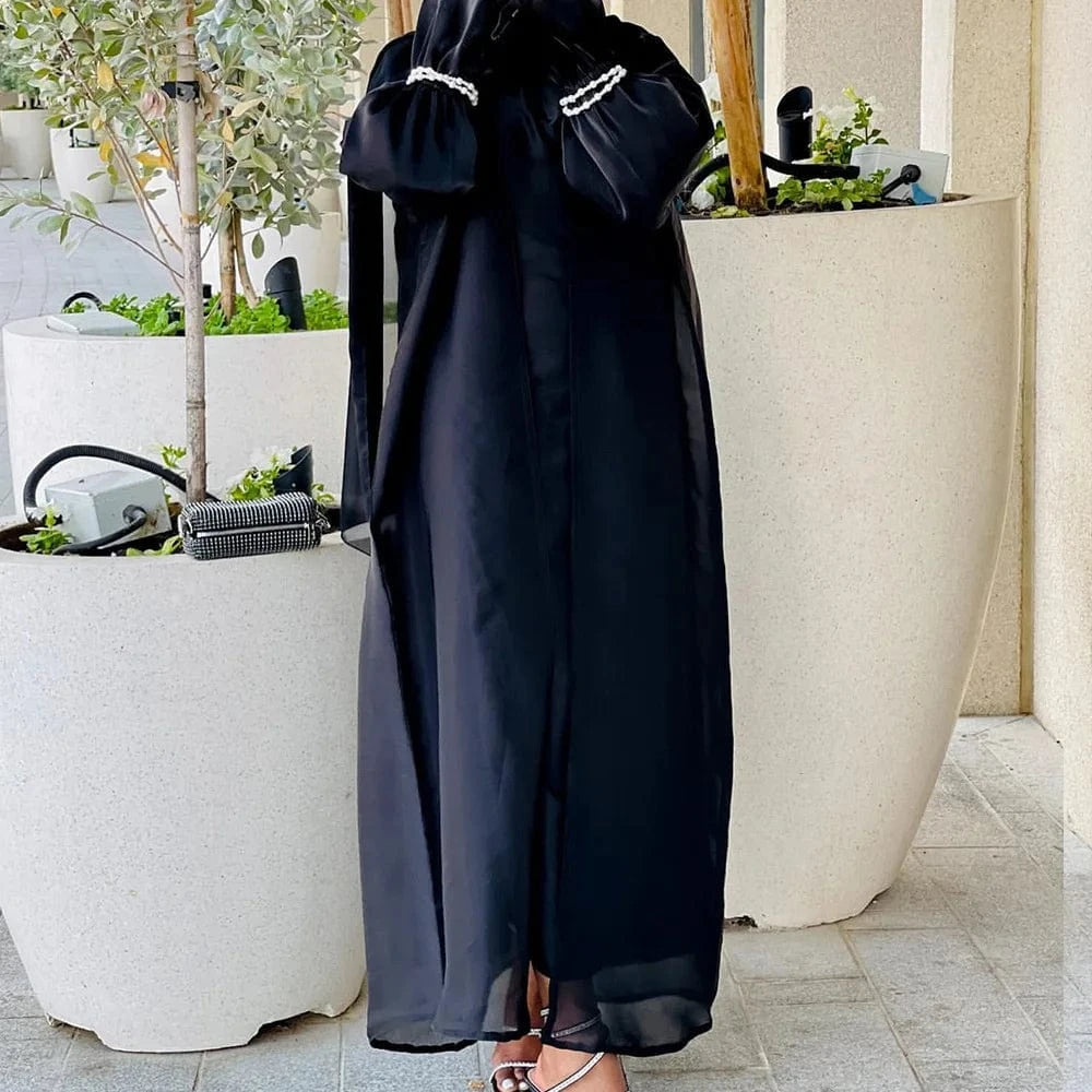 Abaya Ruffle Sleeve Open Front Robe Ramadan Eid Turkey Shiny Satin Islamic Clothing Flowy Beaded Open Abaya