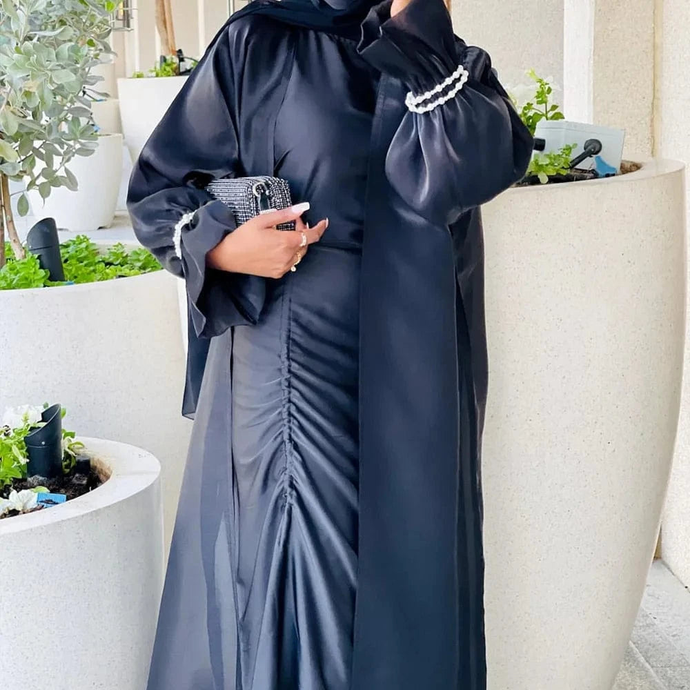 Abaya Ruffle Sleeve Open Front Robe Ramadan Eid Turkey Shiny Satin Islamic Clothing Flowy Beaded Open Abaya