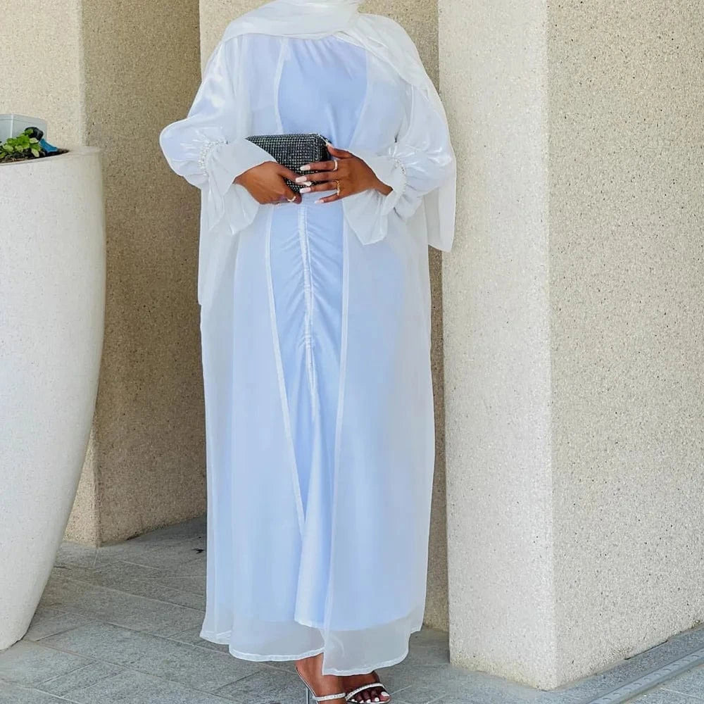 Abaya Ruffle Sleeve Open Front Robe Ramadan Eid Turkey Shiny Satin Islamic Clothing Flowy Beaded Open Abaya