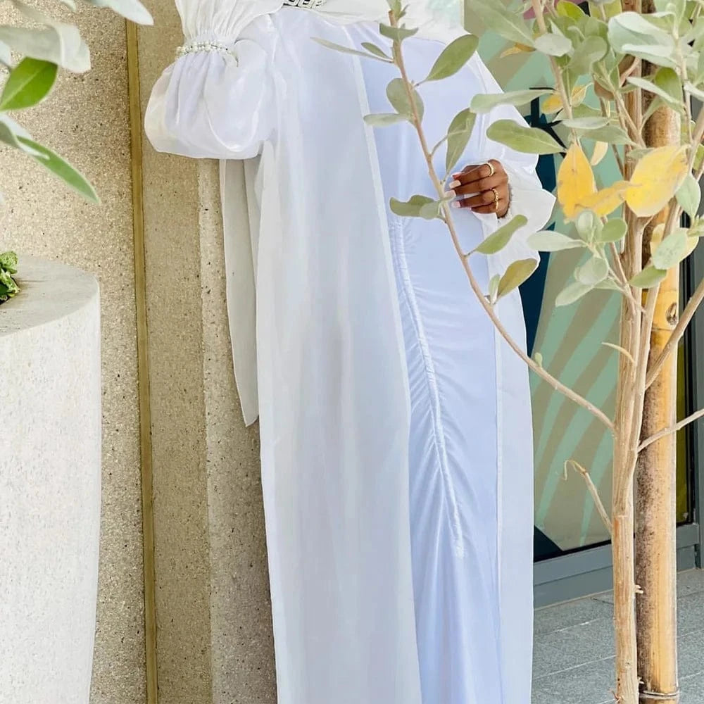 Abaya Ruffle Sleeve Open Front Robe Ramadan Eid Turkey Shiny Satin Islamic Clothing Flowy Beaded Open Abaya